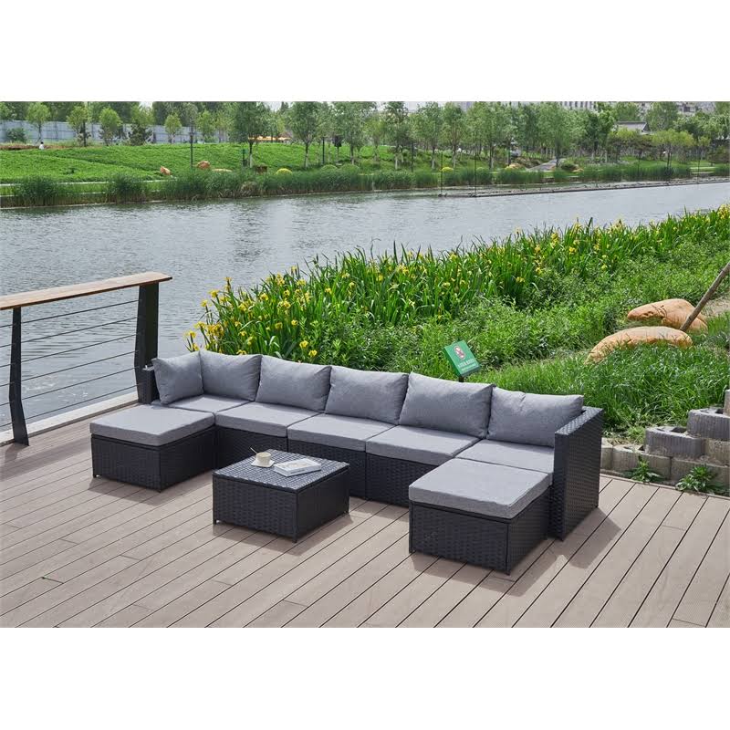 Grey Wicker/Rattan Sectional with Storage Ottoman H1818