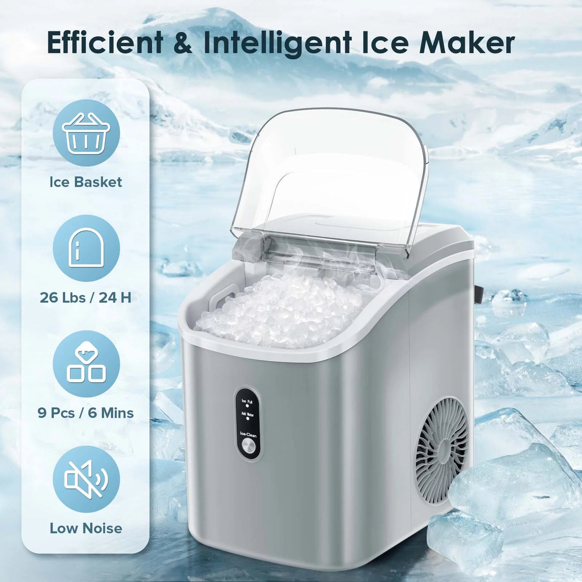 Nugget Ice Maker Countertop 33lbs/24H Self-Cleaning Portable Ice Machine Gray N350