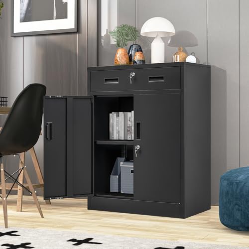 Black Metal Storage Cabinet with Adjustable Shelf and 2 Drawers C1840